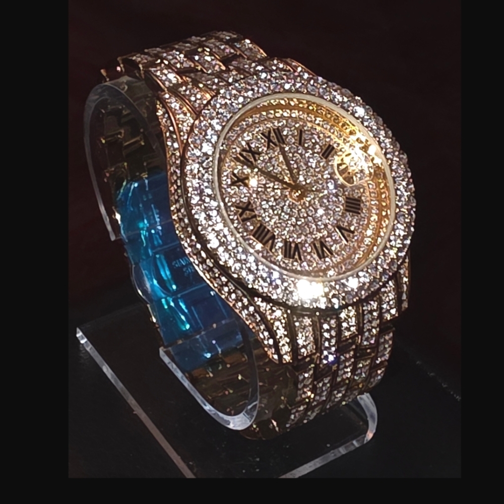 Men's Full Ice Hip Hop Bling Simulated Diamond Steel Band Watch with Day Display